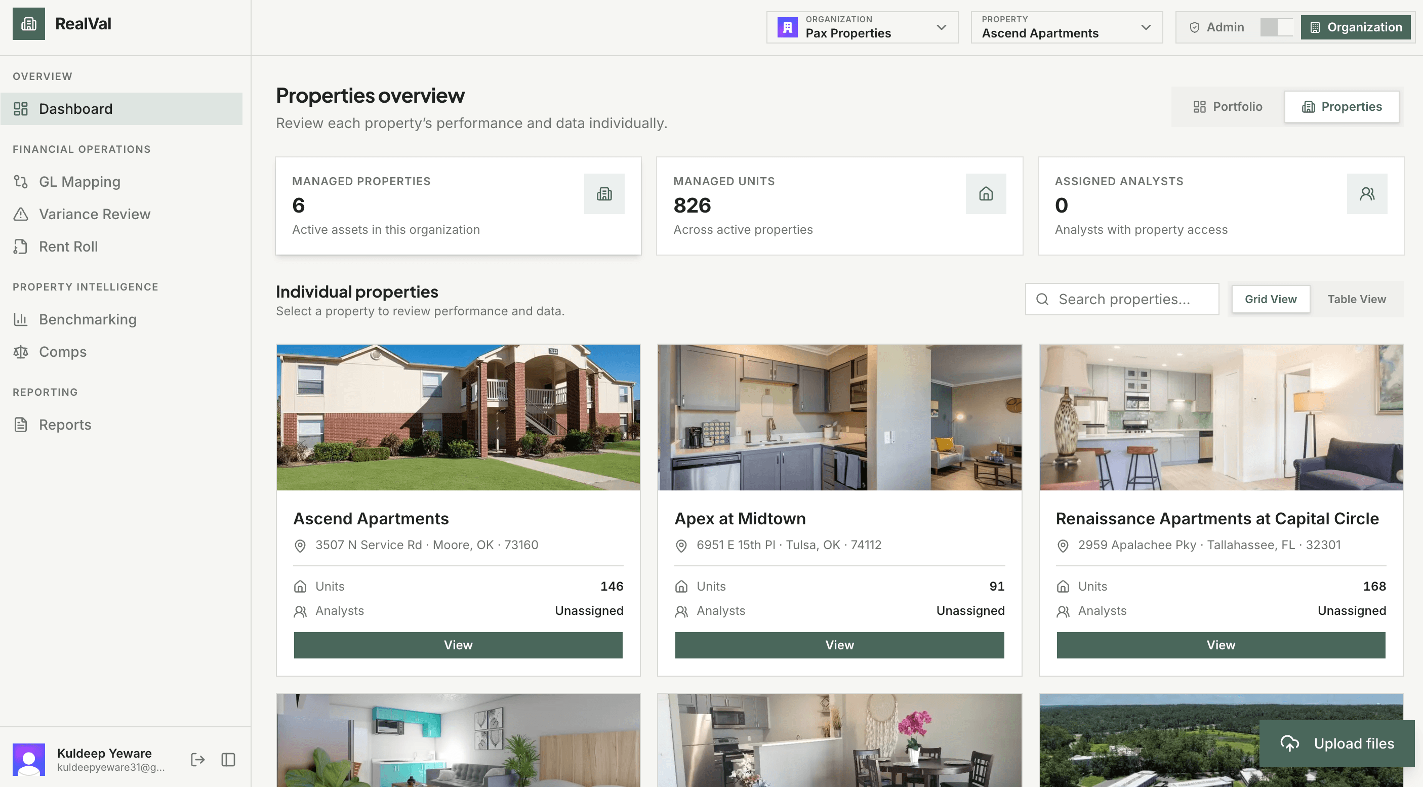 RealVal dashboard showing portfolio metrics and individual properties